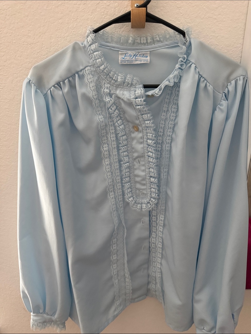 Pale Blue Ruffle-Trim Button Down Blouse